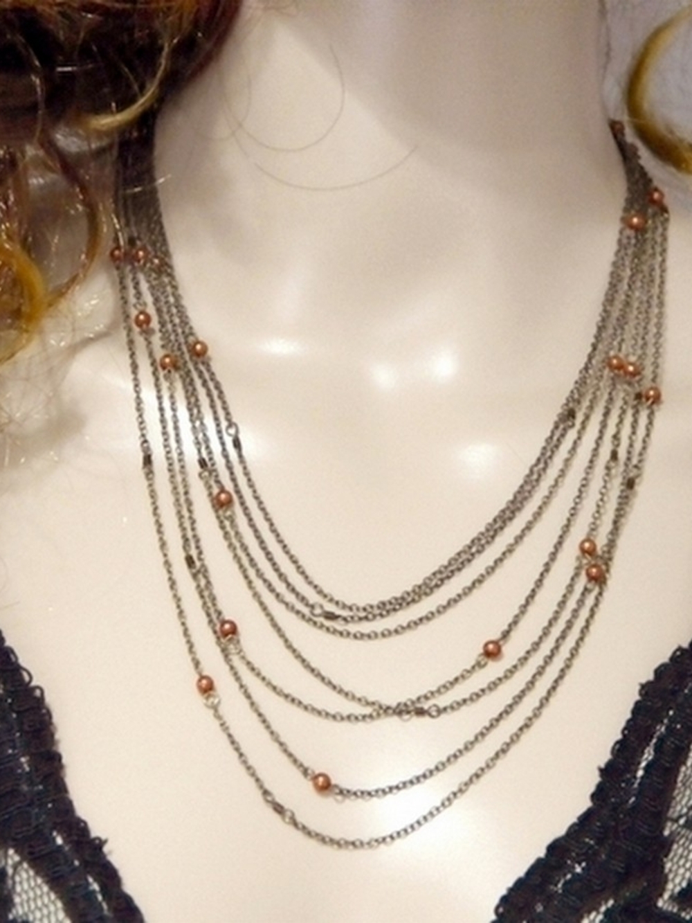 Retro Multi-Strand Antique Brass Necklace with Copper Colored Beads